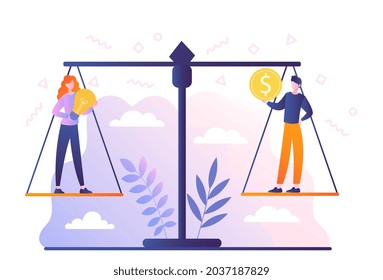 Balance between idea. Two people standing with coins on scales. Trying to make right decision. Finding optimal solution to problem. Cartoon flat vector illustration isolated on white background