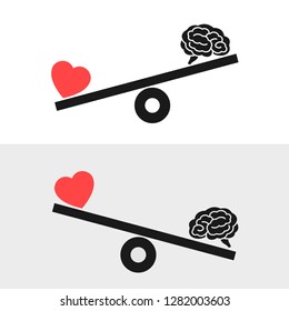 Balance between irrational love, emotions, feelings, heart and rational reason, brain. Rationality and rationalism against irrationality and irrationalism. Vector illustration of weight with pictogram