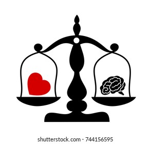 Balance between irrational love, emotions, feelings, heart and rational reason, brain. Rationality and rationalism against irrationality and irrationalism. Vector illustration of weight with symbol