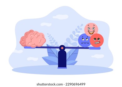 Gleichgewicht zwischen Geist und Emotionen Vektorgrafik. Seesaw mit Gehirn und glückliche, traurige, wütende Gesichter. Emotionen steuern, emotionale Intelligenz, Führung, Erfolgskonzept