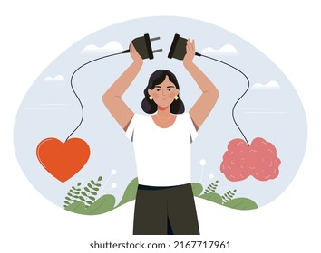 Balance between mind and heart. Psychology and awareness. Mental health, optimal use of logic and emotions. Girl connects socket, make decision. Emotion and wisdom. Cartoon flat vector illustration