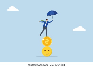 Equilibrio entre el dinero y la felicidad, hombre de negocios con un paraguas que se equilibra en la parte superior de una pila de caras sonrientes y monedas de dólares.