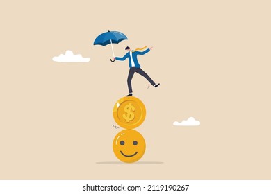Balance between money and happiness, wealth and health, choosing meaningful life and real success concept, businessman holding umbrella balancing himself on stack of smile face and dollar coin.