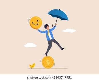 Equilibrio entre dinero y felicidad, riqueza y salud, hombre de negocios sostiene un paraguas que se balancea en la pila de sonrisas cara y moneda en dólares. Elegir una vida significativa y un concepto de éxito real.