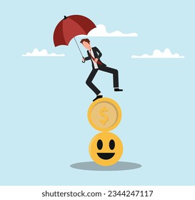 Balance between money and happiness, wealth and health, choosing meaningful life and real success concept, businessman holding umbrella balancing himself on stack of smile face and dollar coin.