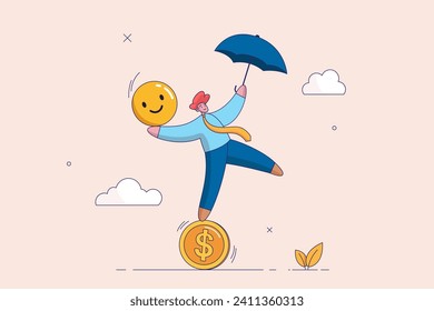 Balance between money and happiness, wealth and health, businessman holding umbrella balancing himself on stack of smile face and dollar coin. Choosing meaningful life and real success concept.