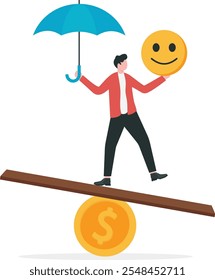 Equilibrio entre el dinero y la felicidad, la riqueza y la salud, la elección de la vida significativa y el concepto de éxito real, hombre de negocios sosteniendo el paraguas que se equilibra en la pila de cara sonriente y moneda de dólar.

