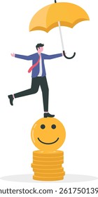 Balance between money and happiness, wealth and health, choosing meaningful life and real success concept, businessman holding umbrella balancing himself on stack of smiley face and dollar coin.

