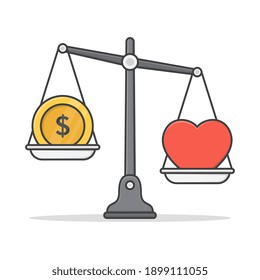 Balance Between Money And Heart Vector Icon Illustration. Money Or Love Flat Icon