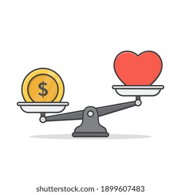 Balance Between Money And Heart Vector Icon Illustration. Money Or Love Flat Icon