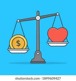 Balance zwischen Geld und Herz Vektorgrafik Illustration. Money or Love Flat Icon