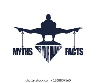 Balance between myths and facts. Silhouette of a man with the words tied