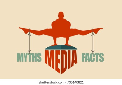 Balance between myths and facts. Silhouette of a man tied with the words. Fake news banner background