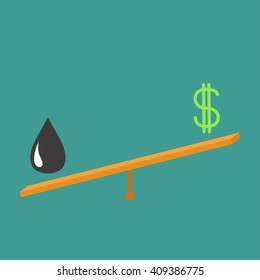 Balance between  oil  and dollar. Dollar sign and oil drop on scale board. Seesaw icon. Business infographic. Green background. Isolated. Up down money value concept. Flat design Vector illustration
