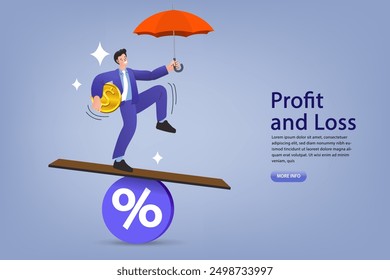 Balance between profit and loss. financial challenge or risk. Businessman balance himself on percentage sign. Central bank money policy for inflation or interest rate. economic recover concept. vector