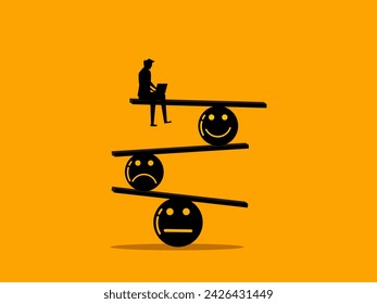 Balance between stress and happiness at work. man balancing a smile and a sad face 