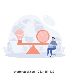 Balance between time and cost of an idea. Mechanical scales with clock and light bulb in pans, flat vector modern illustration