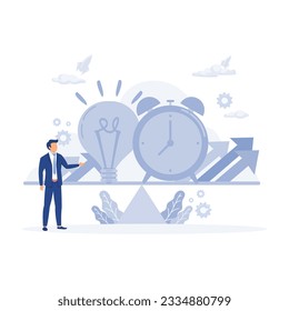 Balance between time and cost of an idea, Mechanical scales with clock and light bulb in pans, flat vector modern illustration