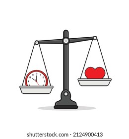 Equilibrio entre tiempo y corazón en escala, reloj de equilibrio y corazón, tiempo de reloj de balance y corazón Ilustración del icono del vector del corazón