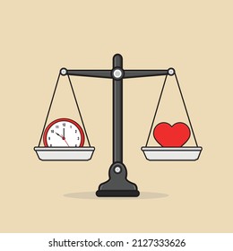 Balance Between time And Heart on scale, balance clock and heart, balance clock time and heart Vector Icon Illustration