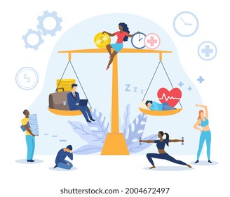 Balance between work and health concept. Different priorities on scales. People choose work, money, health, sleep. Business stress and healthy life. Flat cartoon vector illustration. Abstract metaphor