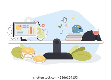 Balance between work and hobbies vector illustration. Balanced seesaw with computer, infographics, money and books, painting, music and cooking. Leisure, healthy lifestyle, time management concept