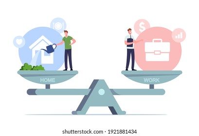 Balance between Work and Home Concept. Tiny Male Characters Balancing on Huge Scales with Basic Values Career, Finance, Job and Family Life. Difficult Choice. Cartoon People Vector Illustration