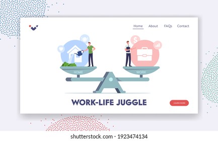 Balance between Work and Home Landing Page Template. Tiny Male Characters Balancing on Huge Scales with Basic Values Career, and Family Life. Difficult Choice. Cartoon People Vector Illustration