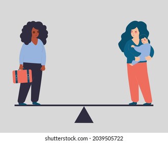 Equilibrio entre trabajo y vida. Mujer de negocios vs madre de ama de casa con un bebé en las manos, ambos parados en la balanza. La madre trabajadora es igual. Maternidad, carrera, concepto de cuidado infantil. Ilustración del vector
