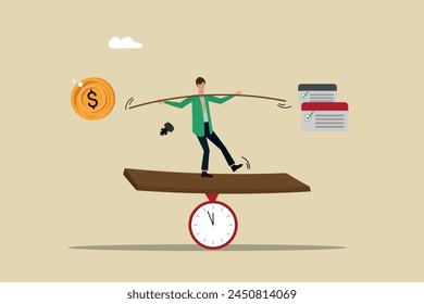 Balance between work and money based on time, productivity, quality of work, businessman riding on a piece of wood balancing his duties