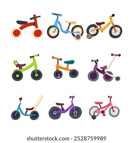balancier ensemble de vélos dessin animé. course d'entraînement, roues de sécurité, signe de vélo d'équilibre de coordination de stabilité. illustration vectorielle de symbole isolé