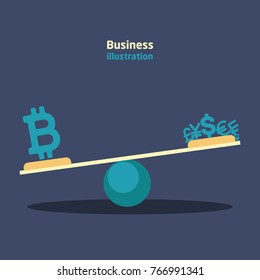 Balance with bitcoin against the dollar, euro, yen, pound, franc, ruble. Currency icons with growth charts and recessions on a blue background.