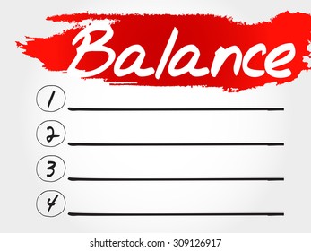 BALANCE blank list, fitness, sport, health concept