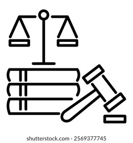 A balance, books, and a hammer, symbolizing justice, knowledge, and the power of action or decision-making round line vector icon with editable stroke 