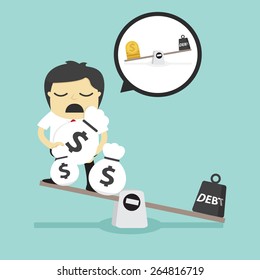 Balance businessman and debt with  balance in bubble talk message