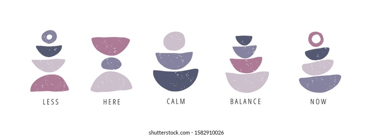 Balance, calm, now flat vector posters set. Motivational drawings collection isolated on white background. Creative print, t shirt design element. Balance, harmony and wellbeing concept