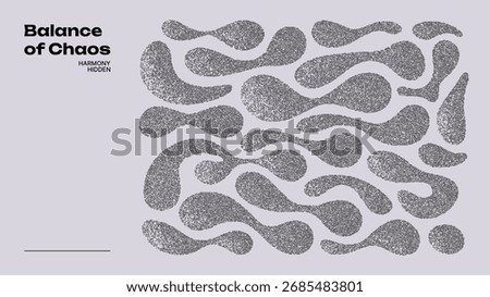 Balance of chaos vector background with many amorphous black shapes made of small dots on a light gray background. Stipple noise gradient texture.