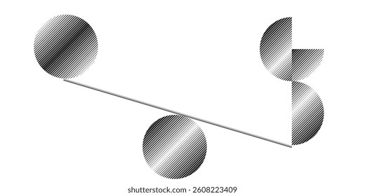 Balance concept .Circles balancing on plank . Minimal art design . Balance of noise textured balls . Trendy Circles with lines  . Linear spheres in balance . Design element .vector 