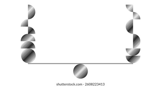Balance concept .Circles balancing on plank . Minimal art design . Balance of noise textured balls . Trendy Circles with lines  . Linear spheres in balance . Design element .vector 