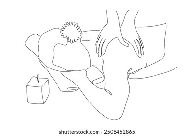 Concepto de equilibrio Dibujo de línea continuo. Tratamiento de bienestar y spa.  Mujer tiene masaje en salón de belleza. Ilustración vectorial. 