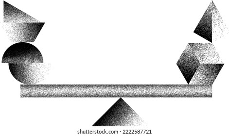 Concepto de equilibrio .Formas geométricas distorsionadas . Diseño de arte mínimo. Logo destruido por ruido. Formas de grano a la moda. Gráfica imprimir textura .Spray efecto .Grunge textura. Elemento con problemas .vector 