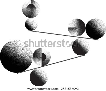 Balance concept .Distressed circles balancing on plank . Minimal art design . Balance of noise textured balls . Trendy grainy shapes . Grainy spheres in balance . Distressed design element .vector 