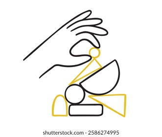 Balance concept. Hands organize abstract shapes in structure or system doodle hand drawn icon. person search harmony. Outline drawing line Data and information analytics clipart symbol. Vector