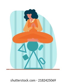 Concepto de equilibrio. Idea de un desafío a la estabilidad, una posición abstracta, empresarial o de estilo de vida inestable. Carácter tratando de obtener equilibrio. Ilustración vectorial plana