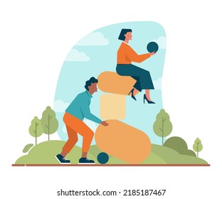 Balance concept. Idea of stability challenge, abstract, business or lifestyle unstable position. Character trying to get balance. Flat vector illustration
