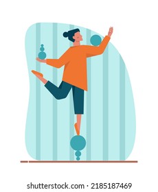 Concepto de equilibrio. Idea de un desafío a la estabilidad, una posición abstracta, empresarial o de estilo de vida inestable. Carácter tratando de obtener equilibrio. Ilustración vectorial plana