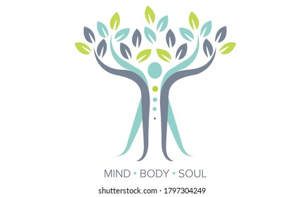 Balance Concept. Mind, Body, Soul. Vector Illustration Showing Spiritual Human Body / Abstract Tree. Can Be Used To Show Balance, Chakra, Stability, Therapy, Happiness, Mindfulness, Spirituality, Soul