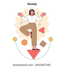 Balance concept. A serene person maintains equilibrium atop a geometric shape, embodying stability and calm amidst life's varied challenges. Poise and tranquility. Vector illustration.