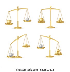 Balance Concept Set. Golden Libra or Scale Model Law, Justice and Choice. Vector illustration