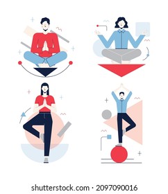 Balance concept set. Idea of stability and calmness. Abstract, business or lifestyle sphere. Steady position, harmony, challenge managing. Flat vector illustration